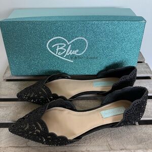 Betsy Johnson 8.5 SB Lucy Black Satin Pointy Toe Sparkle Metallic Formal Flats